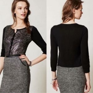 Anthropologie Knitted & Knotted Black Cardigan Sweater Silver Sequins Small S